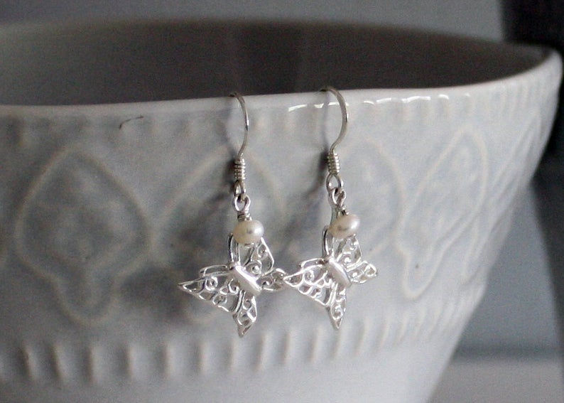 Thumbnail: Butterfly Sterling Silver Earrings with Crystal bead or Pearl Accent