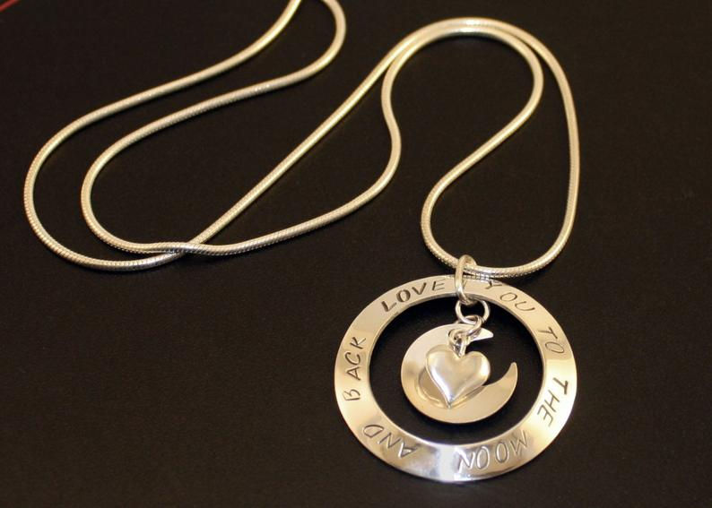 I love you to the moon and back, sterling silver pendant, moon and heart