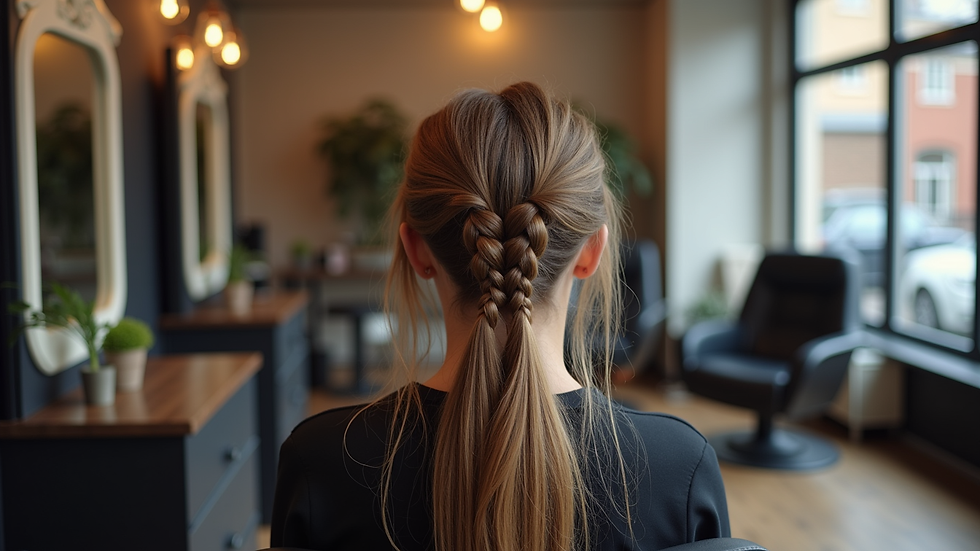 Eye-level view of a salon chair with braided hair extensions ready for styling