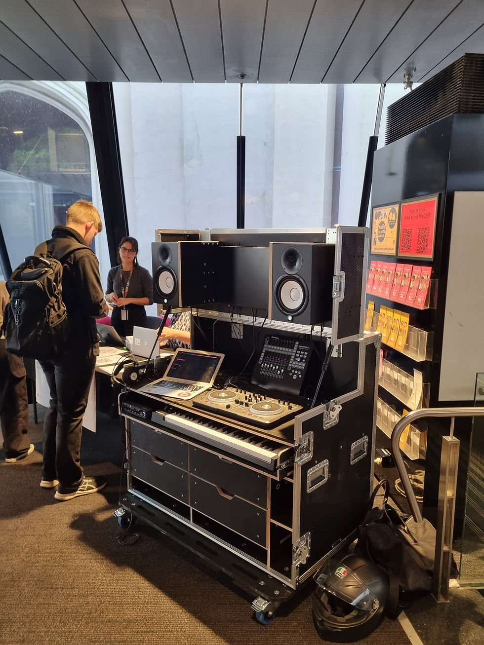 Our new 'flight cases' are designed to take music tech experiences to schools. Here, put to good use as a portable DJ station to welcome students.