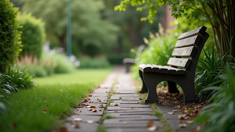Eye-level view of a quiet garden bench surrounded by greenery