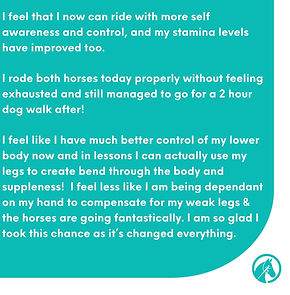 Client testimonial showing how much stronger & fitter she feels in the saddle & the benefits she is noticing in her riding
