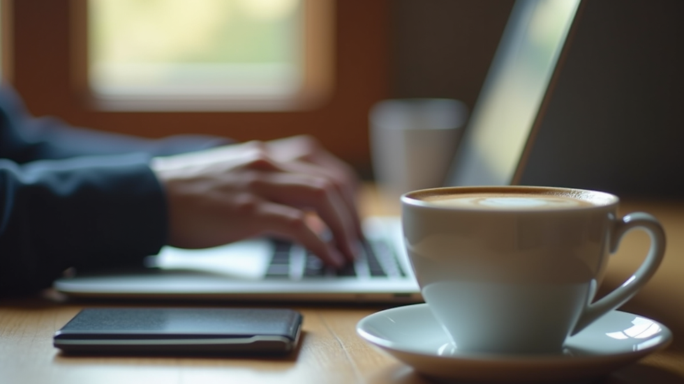 Close-up view of a person typing on a laptop with a cup of coffee nearby