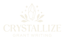 A logo with the text Crystallize Grant Writing and a drawing of an organic crystal surrounded by drawings of leaves and stars