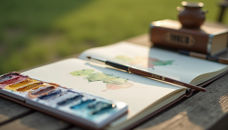 High angle view of a portable watercolor set and water brush next to a sketchbook on a picnic table