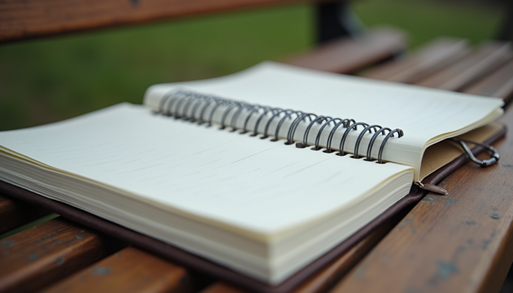 Close-up view of a binder clip holding open pages of a sketchbook on a park bench