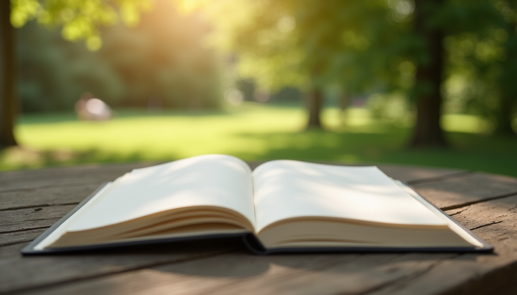 Eye-level view of a hardbound sketchbook resting on a wooden table outdoors