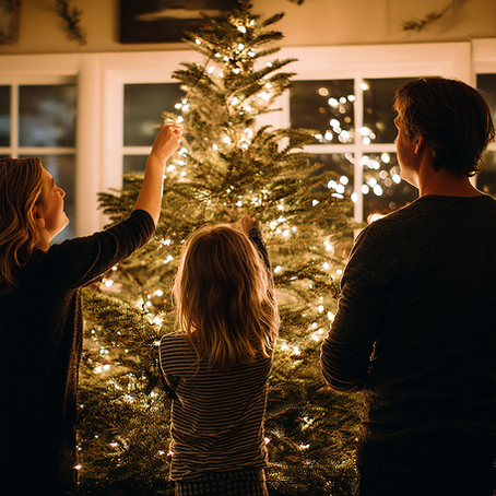 family putting up Christmas tree ornaments, robb's portable buildings