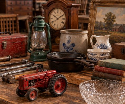 Antique shop still life with a lantern, clock, cast-iron pans, toy tractor, pottery, books, and a framed landscape on a wooden table.