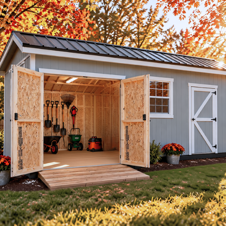 Gray garden shed with open doors reveals shovels, rakes, and a wheelbarrow in a sunny autumn yard with orange leaves and flowers.