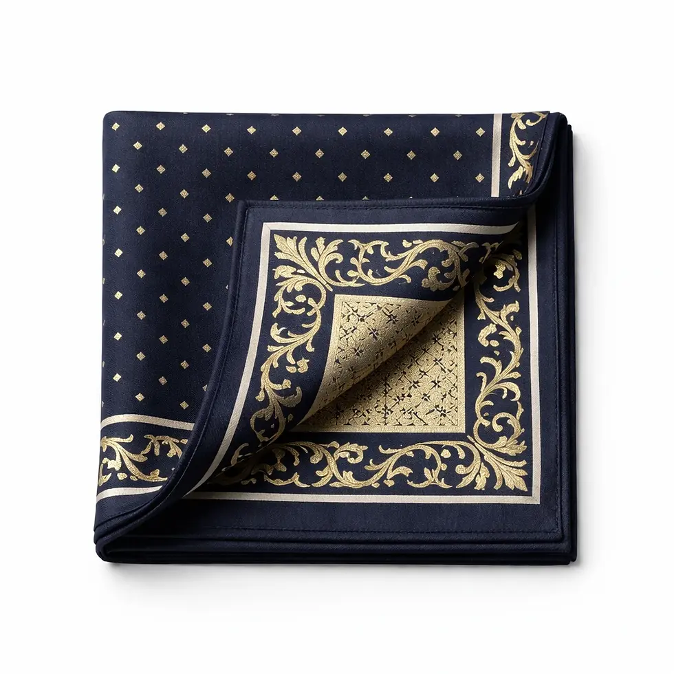 Urban Arabesque double-face pocket square in navy and ivory Como silk in a square folded presentation