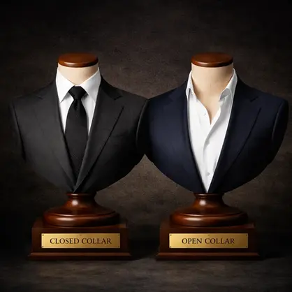 Two tailored bust mannequins side by side—one styled with a closed collar and tie, the other with an open collar shirt—illustrating the contrast between structured formality and relaxed elegance.