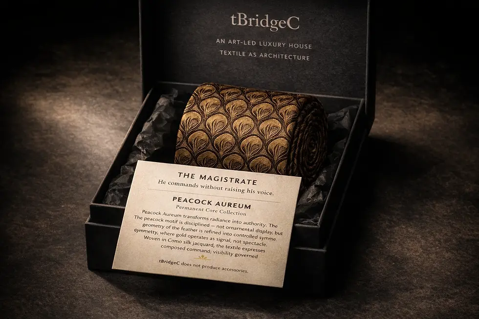 Thumbnail: Peacock Aureum — Como Silk Jacquard Tie in his package box