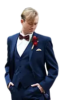 Blue three-piece suit, ready to go to a wedding ceremony