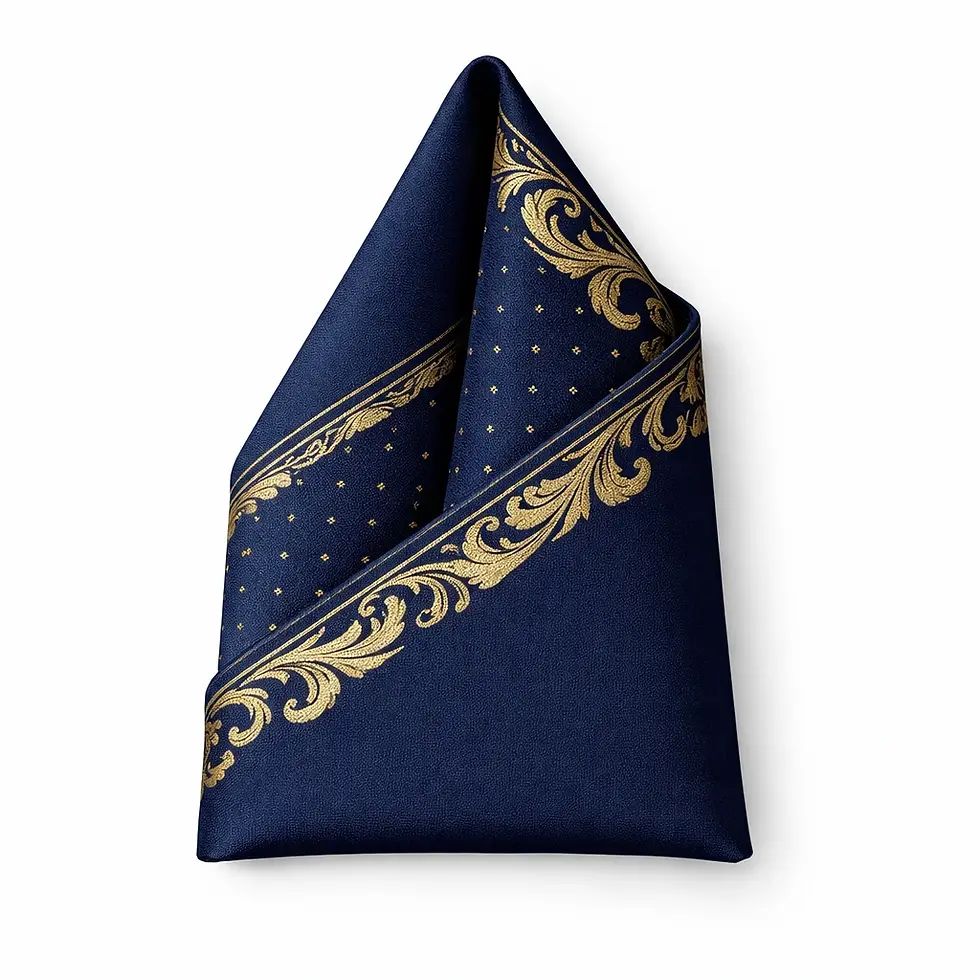 Thumbnail: Urban Arabesque double-face pocket square in navy and ivory Como silk in a one-point folded  presentation
