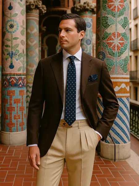 Refined confidence in motion — elegance not for the occasion, but as a way of being.
The chocolate brown jacket and beige pleated trousers create timeless contrast, elevated by a crisp white shirt and navy polka-dot accents. Effortlessly sophisticated — the modern gentleman’s approach to business style.