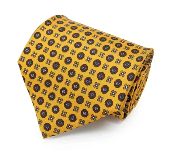 Yellow with Brown Small Flowers Silk Tie