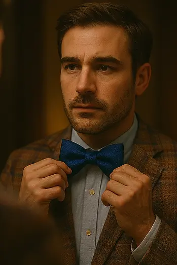 tBridgeC_Uni-Color Collection_Style Guide_Gentleman looking in the Mirror, Navy Blue Bow T