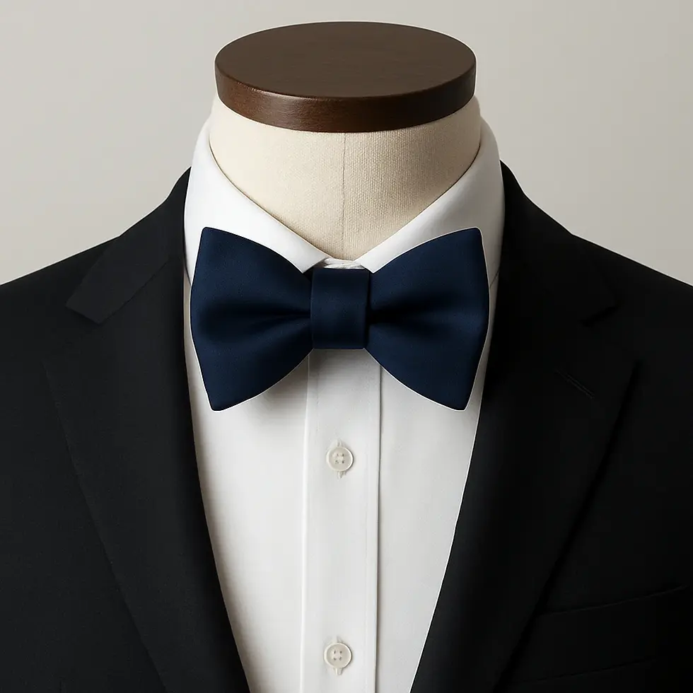 Thumbnail: Uni-color Navy Blue Satin Como Silk Pre-Tied Bow Tie on a mannequin bust wearing a dress shirt and jacket