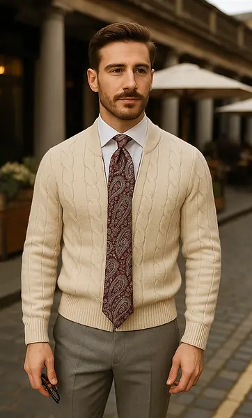 This look blends relaxed sophistication with artisanal detail. A cream cable-knit zip cardigan is paired with tailored light-grey trousers, creating a clean, effortless silhouette. The statement piece—the Urban Paisley Burgundy Tie—introduces depth, artistry, and a touch of modern opulence. Balanced with a crisp white Italian spread-collar shirt, the ensemble reflects contemporary elegance with a subtle nod to classic menswear refinement.