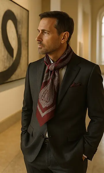 This ensemble balances classic tailoring with expressive sophistication. The deep charcoal suit provides a clean, structured foundation, while the rich burgundy silk scarf introduces a touch of cultured elegance through its intricate paisley detailing. The subtle pocket square echoes the scarf’s tone, creating a cohesive and elevated look. Perfect for gallery visits, evening engagements, or any setting where understated luxury speaks louder than formality.