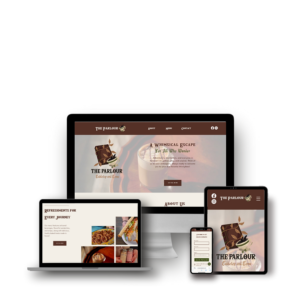 A responsive website for "The Parlour" displayed on a monitor, laptop, tablet, and phone. Brown and cream color scheme with food images.