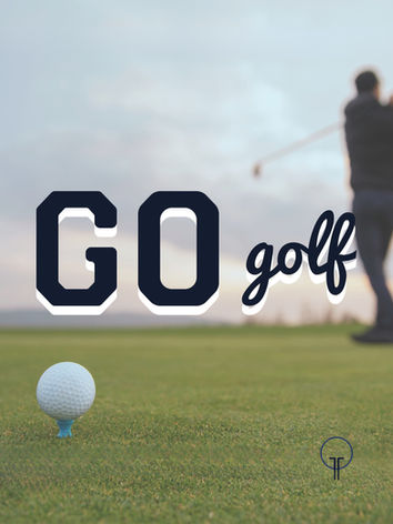 GO golf text with a golf ball and a person playing golf on the field