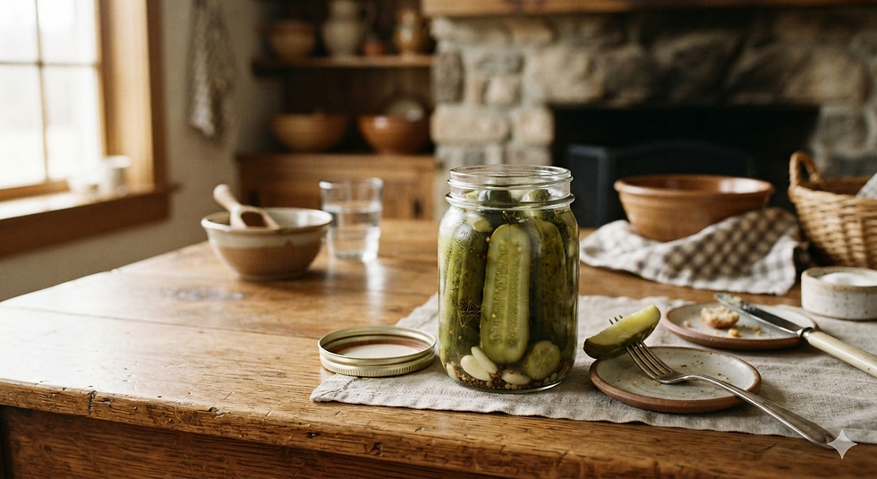 Close-up view of a jar of fermented pickles with herbs