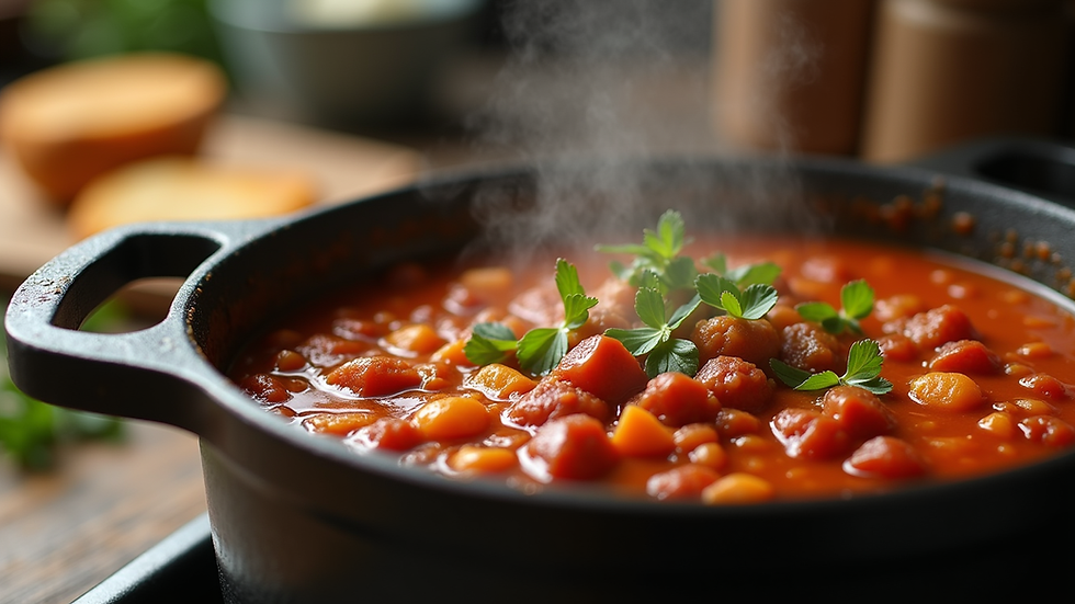 Eye-level view of a pot of simmering Hungarian goulash soup
