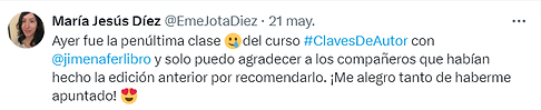 Ayer fue la penúltima clase del curso #ClavesDeAutor con @jimenaferlibro y solo puedo agradecer a los compañeros que habían hecho la edición anterior por recomendarlo. ¡Me alegro tanto de haberme apuntado!
