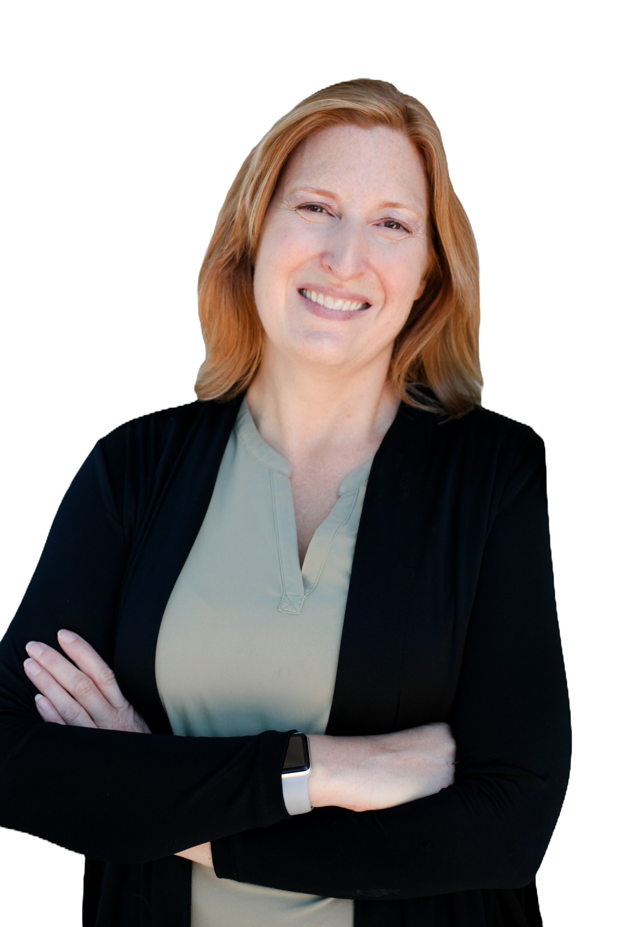 Woman with arms crossed, wearing a black cardigan and light green top.