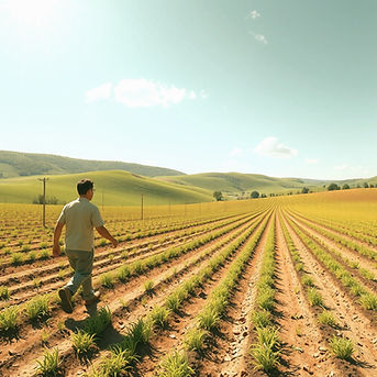 A figure walking along a tilled field dropping seeds into the waiting earth. Sunshine and