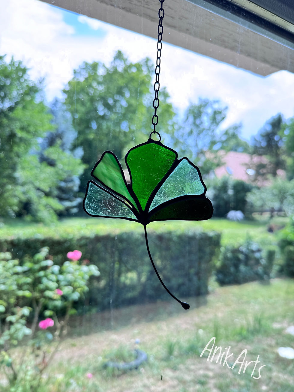 Sötétzöld Tiffany üveg ginkólevél függő dekoráció - AnikArts