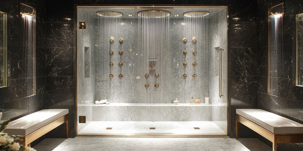 Luxurious marble shower with three rainfall heads, gold accents, and bench seating. Dark marbled walls contrast with sleek, bright surfaces.