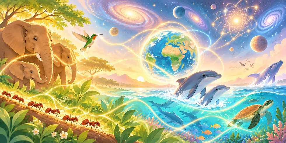 Elephants, a hummingbird, ants, dolphins and a sea turtle in nature, connected by flowing lines of light beneath the Earth and galaxies.