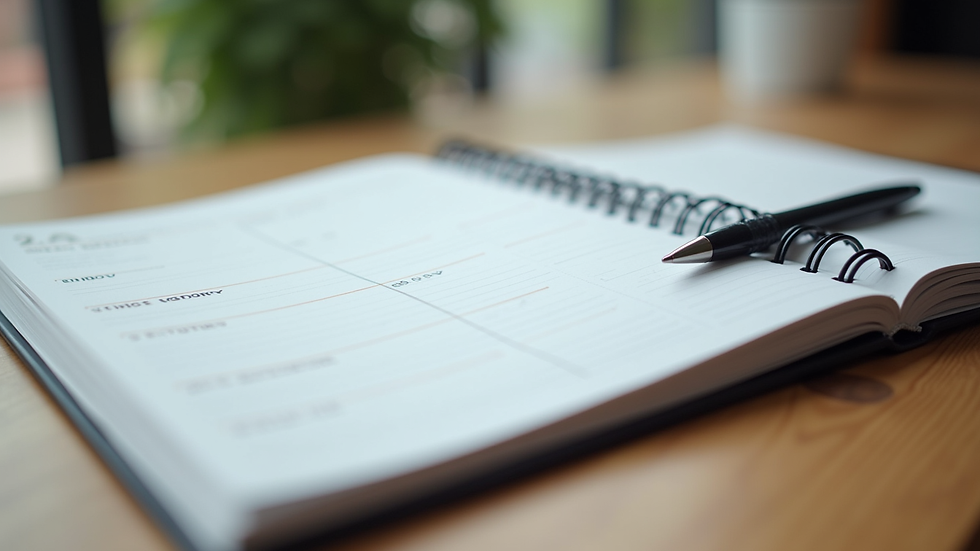 Close-up view of a planner with notes and a pen on a wooden desk
