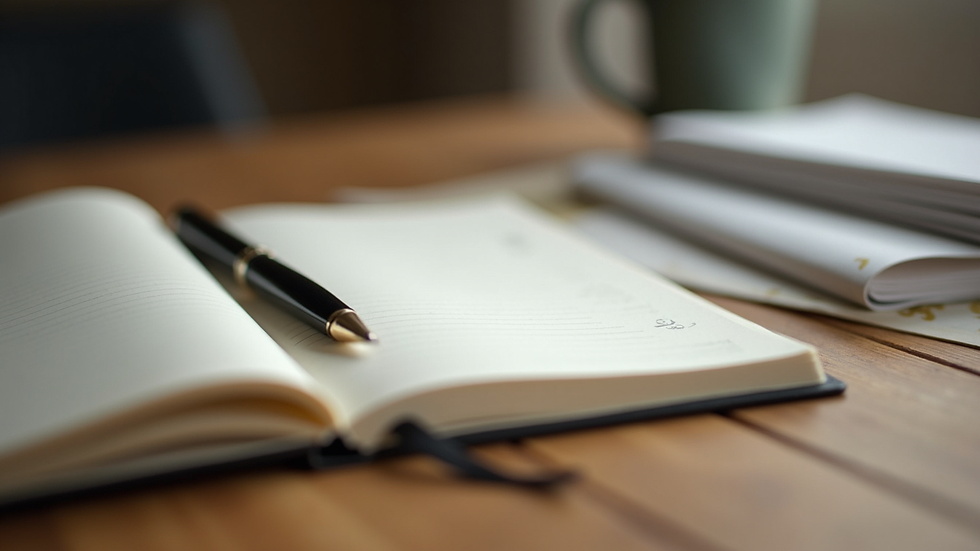 Close-up view of a journal and pen on a wooden table