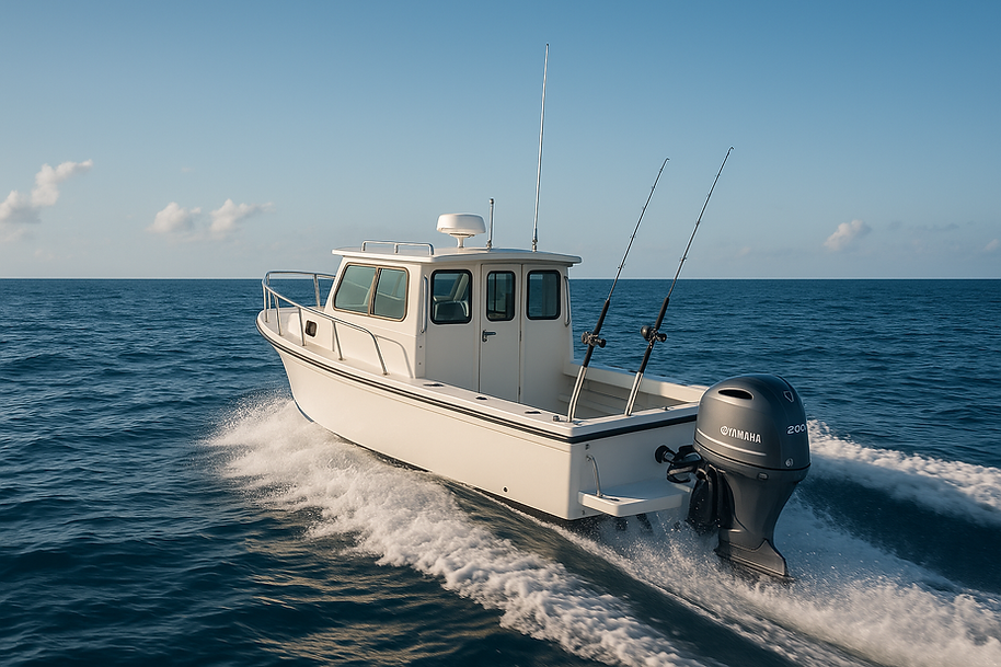 Boat with Outboard engine sailing in San Diego
