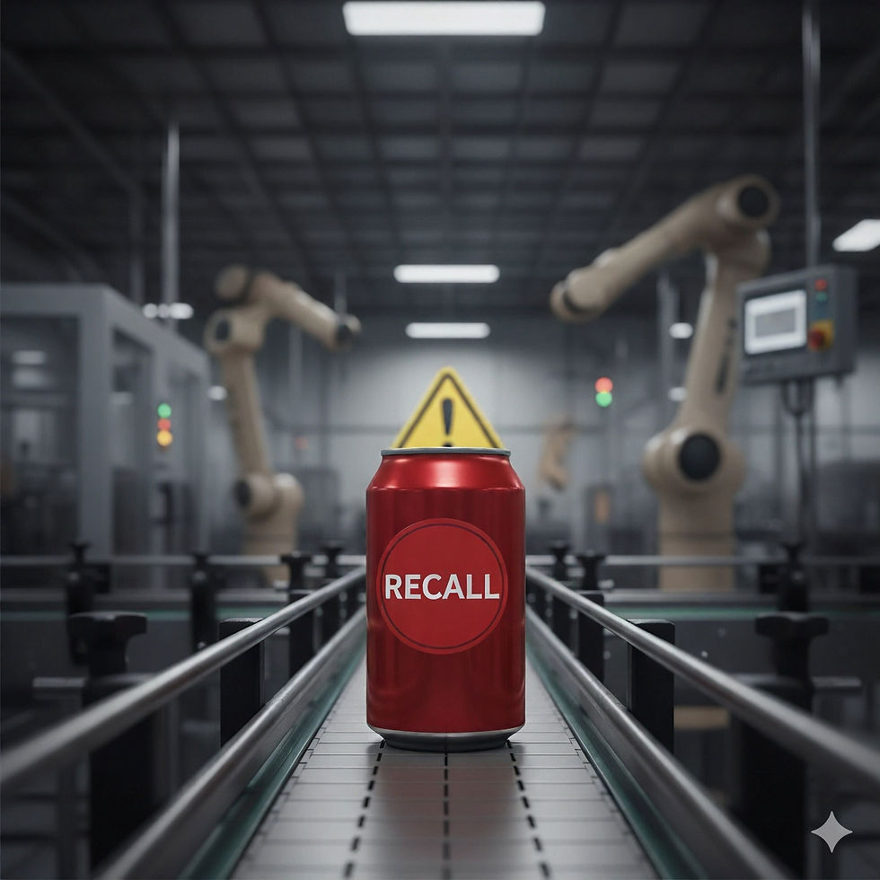 Lata de refresco en línea de producción con sello de advertencia “RECALL”, representando el retiro de Coca-Cola por posible contaminación metálica y las implicaciones regulatorias ante la FDA.