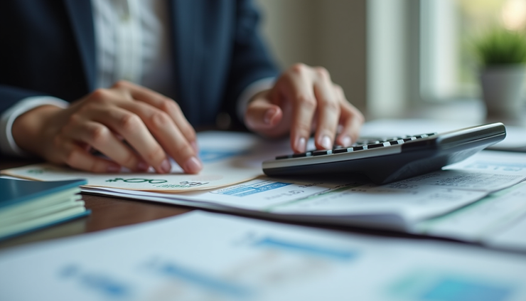 Close-up view of a person calculating budget with bills and a calculator