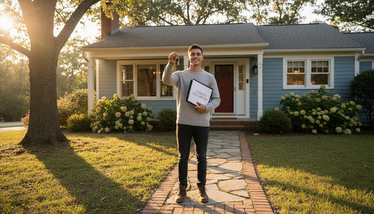 Eye-level view of a happy buyer holding house keys outside a small home