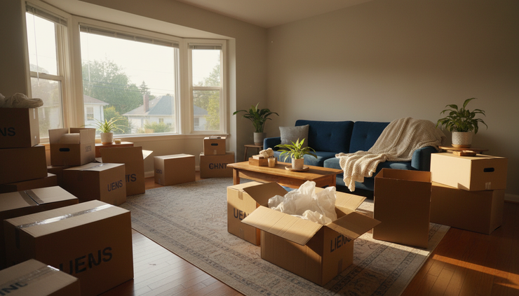 Wide-angle view of a cozy living room with packed boxes and sunlight coming through the windows.