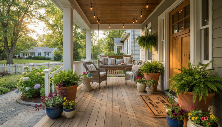 Wide-angle view of a cozy front porch with a welcome mat and potted plants