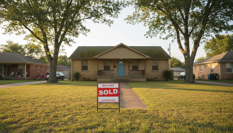 Wide-angle view of a small house with a sold sign in the front yard
