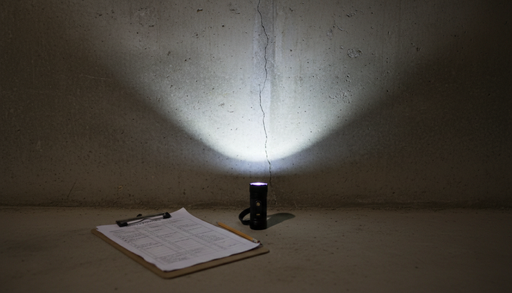 Close-up view of a home foundation wall with a flashlight and inspection notes nearby.