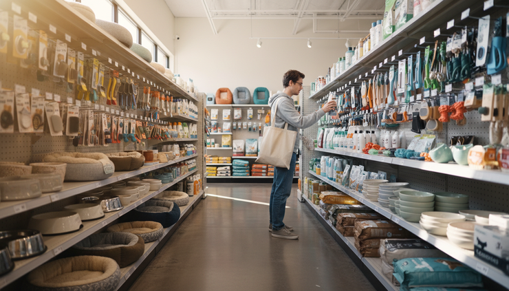 Wide-angle view of a casual shopper choosing pet care products from a store aisle