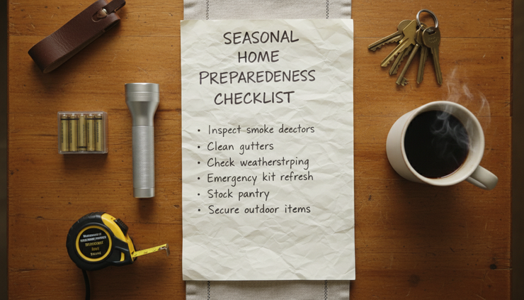 Overhead view of a homeowner checklist, flashlight, batteries, and house keys on a wooden table.