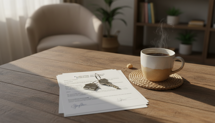 Overhead view of house keys, a signed purchase contract, and a coffee mug on a wooden table.