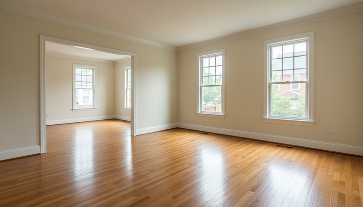 Wide-angle view of an empty living room with large windows and hardwood floors.