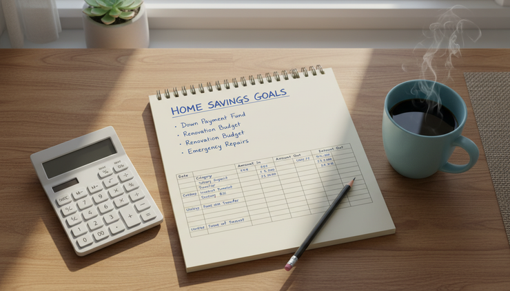 Overhead view of a notebook with home savings notes and a calculator beside coffee